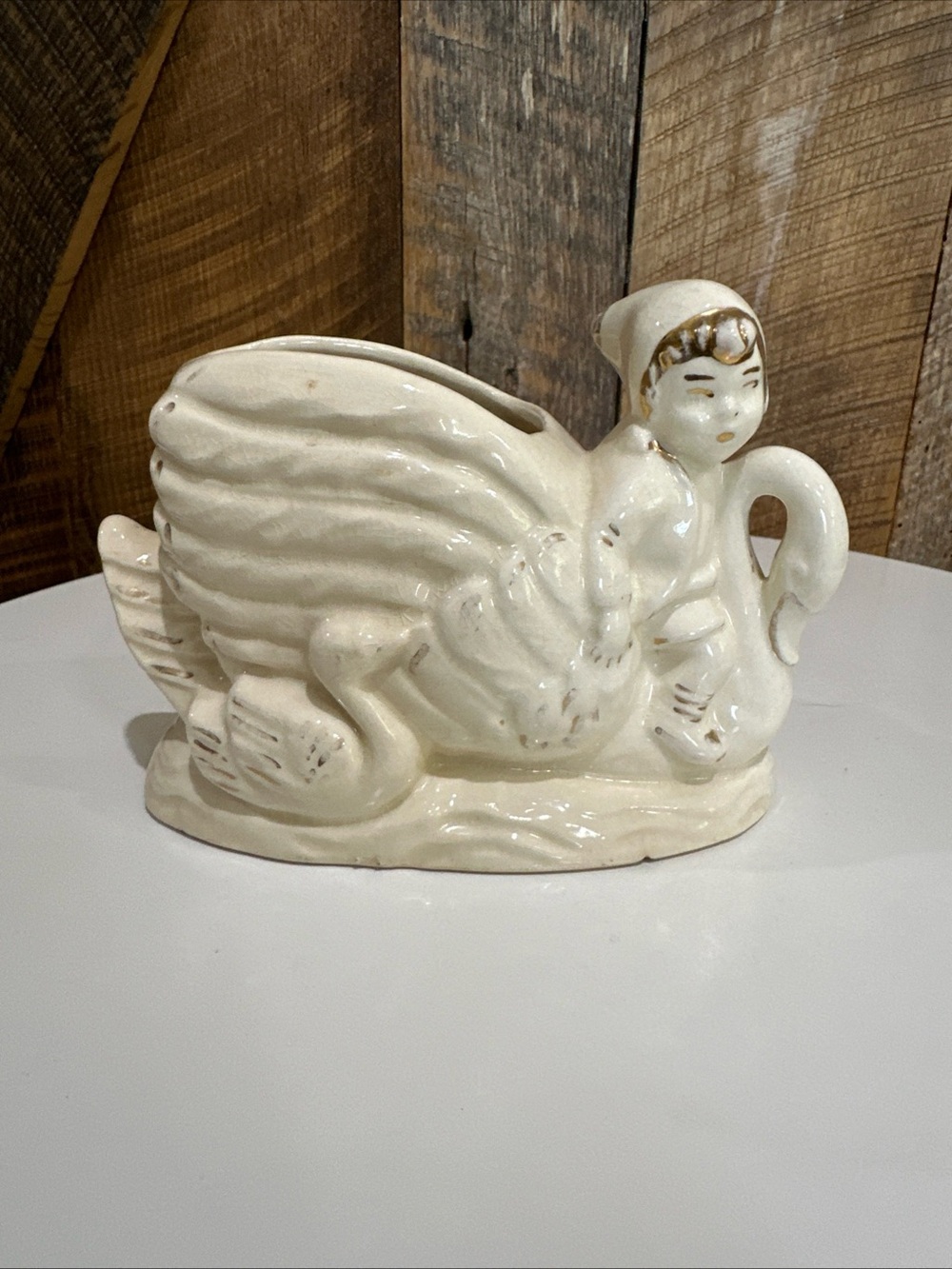 Vintage Boy Riding swan Ceramic planter Ivory & gold Whimsical Kitsch